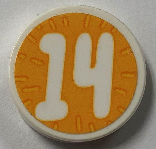 Tile, Round 2 x 2 with Bottom Stud Holder with Number 14 on Bright Light Orange Background Pattern (Sticker) - Set 41926