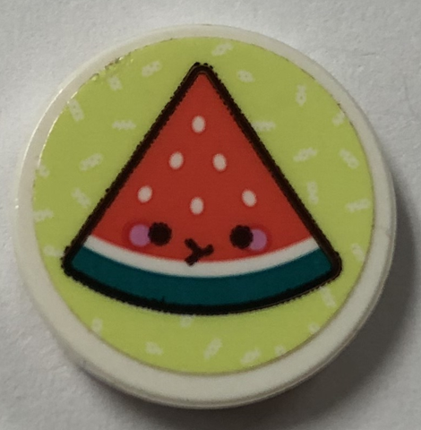 Tile, Round 2 x 2 with Bottom Stud Holder with Coral Watermelon Slice with Face on Yellowish Green Background Pattern (Sticker) - Set 41926
