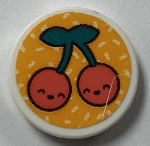 Tile, Round 2 x 2 with Bottom Stud Holder with Coral Cherries with Faces on Bright Light Orange Background Pattern (Sticker) - Set 41926