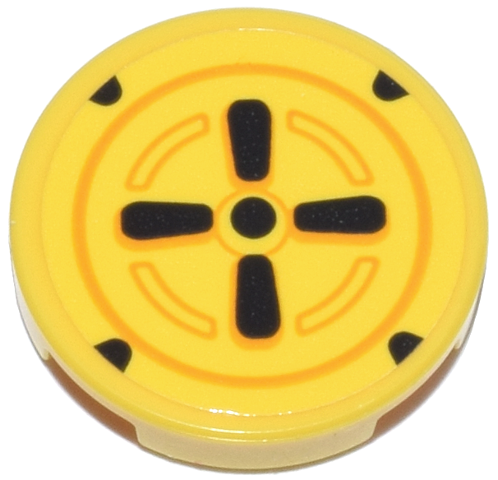 Tile, Round 2 x 2 with Bottom Stud Holder with Black and Orange Hubcap Pattern (Sticker) - Sets 72032 / 72035 / 72038 / 72043 / 72044 / 72045