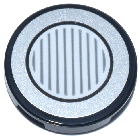 Tile, Round 2 x 2 with Bottom Stud Holder with Silver and White Circle Headlight and Dark Bluish Gray Lines Pattern (Sticker) - Set 72044