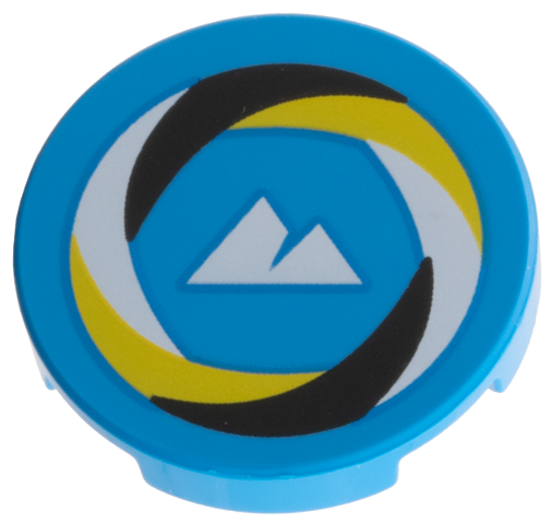 Tile, Round 2 x 2 with Bottom Stud Holder with Black, White, and Yellow Swirl Border, White Sport Mountains Logo Pattern