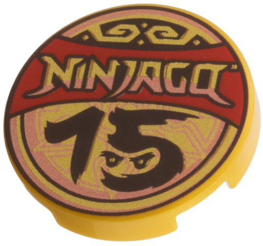 Tile, Round 2 x 2 with Bottom Stud Holder with 'NINJAGO 15', Red Banner, Copper Trim Pattern