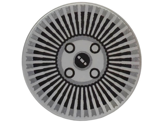 Tile, Round 2 x 2 with Bottom Stud Holder with Hubcap with Black Radial Stripes and Wheel Bolts Pattern