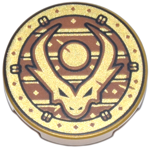 Tile, Round 2 x 2 with Bottom Stud Holder with Dragon Head with Horns and Black Outline on Dark Orange Stripes in Circle Pattern