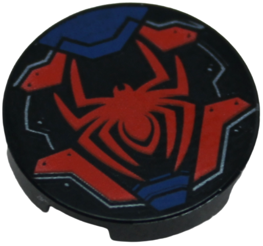 Tile, Round 2 x 2 with Bottom Stud Holder with Spider, Dark Blue and Red Armor Plates, Dark Silver Outlines and Rivets Pattern
