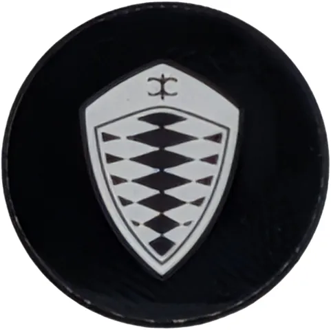 Tile, Round 2 x 2 with Bottom Stud Holder with Silver Koenigsegg Logo Pattern
