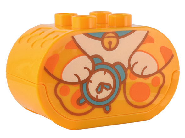 Duplo, Brick 2 x 4 x 2 Oval with Sound, White Button, and Debossed Music Notes with Kitten Body Holding Alarm Clock Pattern