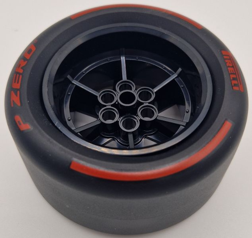 Wheel 56mm D. x 34mm Technic Racing Medium, 6 Pin Holes with Black Tire 81.6mm D. x 44mm Smooth with Red 'PIRELLI', 'P ZERO' and Arcs Pattern (15038 / 4410pb01)