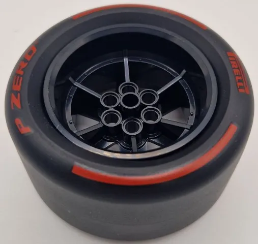 Wheel 56mm D. x 34mm Technic Racing Medium, 6 Pin Holes with Black Tire 81.6mm D. x 44mm Smooth with Red 'PIRELLI', 'P ZERO' and Arcs Pattern (15038 / 4410pb01)
