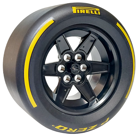 Wheel 56mm D. x 34mm Technic Racing Medium, 6 Pin Holes with Black Tire 81.6mm D. x 44mm Smooth with Yellow 'PIRELLI', 'P ZERO' and Arcs Pattern (15038 / 4410pb02)