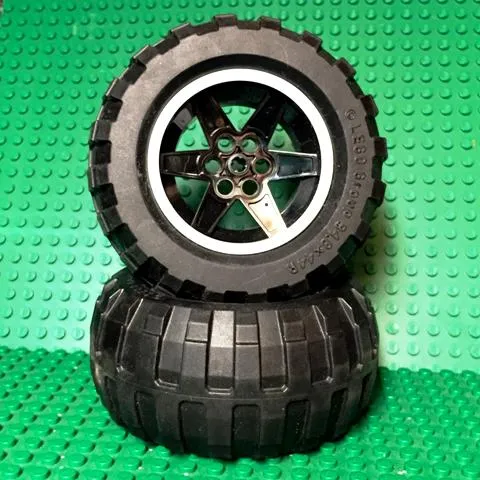 Wheel 56mm D. x 34mm Technic Racing Medium, 6 Pin Holes with White Rim Edge Pattern with Black Tire 94.8 x 44 R Balloon (15038pb01 / 54120)