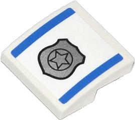 Slope, Curved 2 x 2 x 2/3 with 2 Blue Stripes and Silver Police Badge Pattern (Sticker) - Set 60042