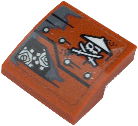 Slope, Curved 2 x 2 x 2/3 with Ninja Skull with Crossed Swords, Rivets and Gears Pattern Model Left Side (Sticker) - Set 70603