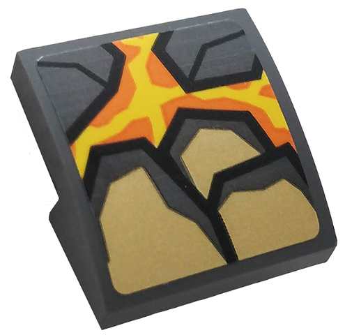 Slope, Curved 2 x 2 x 2/3 with Dark Bluish Gray and Pearl Gold Rock, Orange and Yellow Lava Pattern (Sticker) - Set 76128
