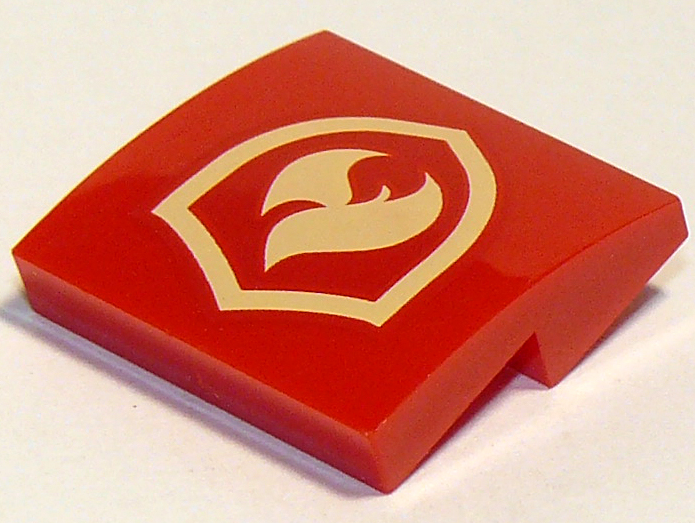 Slope, Curved 2 x 2 x 2/3 with Bright Light Yellow Fire Flame and Shield Badge Pattern