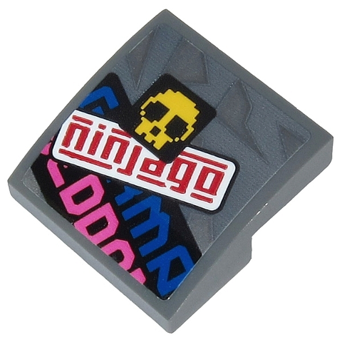Slope, Curved 2 x 2 x 2/3 with Red 'ninjago', Yellow Skull and Partial Blue and Dark Pink Text Pattern (Sticker) - Set 71710