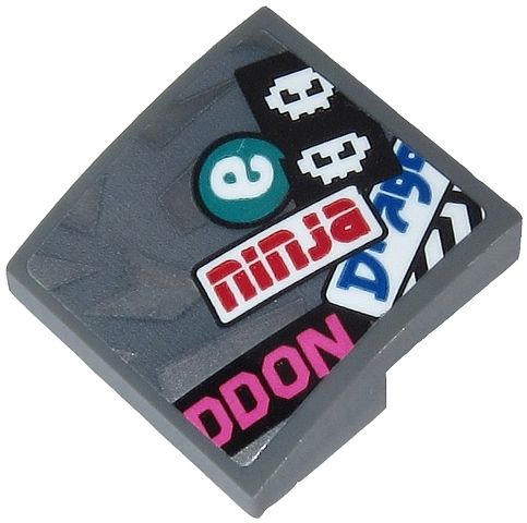 Slope, Curved 2 x 2 x 2/3 with Red 'ninja', Dark Pink 'DDON', Blue 'Drago', White 'e' and White Faces Pattern (Sticker) - Set 71710