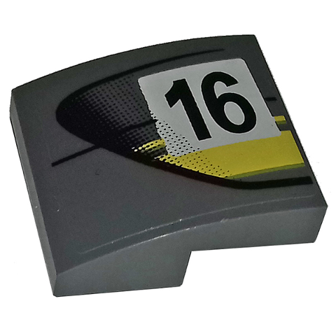 Slope, Curved 2 x 2 x 2/3 with Black Number 16 and Double Yellow Stripes on Dark Bluish Gray Background Pattern Model Left Side (Sticker) - Set 75877