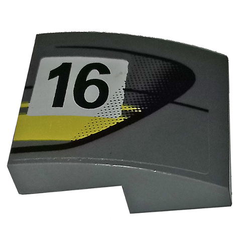 Slope, Curved 2 x 2 x 2/3 with Black Number 16 and Double Yellow Stripes on Dark Bluish Gray Background Pattern Model Right Side (Sticker) - Set 75877