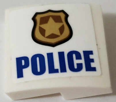 Slope, Curved 2 x 2 x 2/3 with Gold Badge and Blue 'POLICE' Pattern Model Left Side (Sticker) - Set 60140