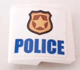 Slope, Curved 2 x 2 x 2/3 with Gold Badge and Blue 'POLICE' Pattern Model Right Side (Sticker) - Set 60140