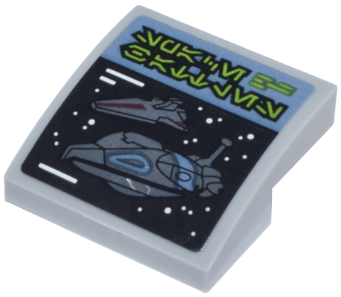 Slope, Curved 2 x 2 x 2/3 with Dark Bluish Gray SW Spaceships on Screen and Lime Aurebesh Characters 'SPACE BATTLES' Pattern (Sticker) - Set 75314