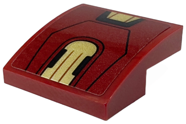 Slope, Curved 2 x 2 x 2/3 with Gold Armor Plates and Black Curved and Bent Lines Pattern (Sticker) - Set 76247