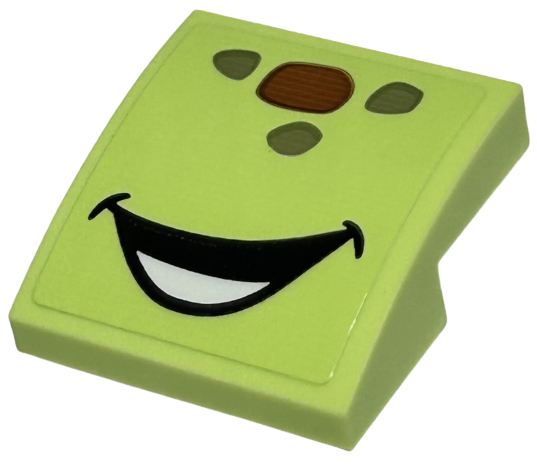 Slope, Curved 2 x 2 x 2/3 with Reddish Brown and Olive Green Spots, Open Mouth Smile with Bottom Teeth Pattern (Squirt Face) (Sticker) - Set 43226