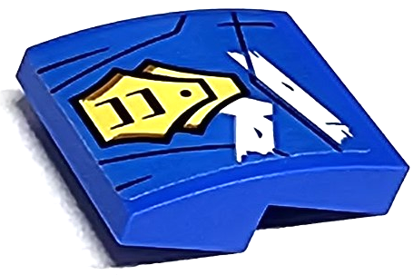 Slope, Curved 2 x 2 x 2/3 with Gold Armor Plates with Black and Dark Orange Lines and White Ninjago Logogram Letter R Pattern (Sticker) - Set 71768