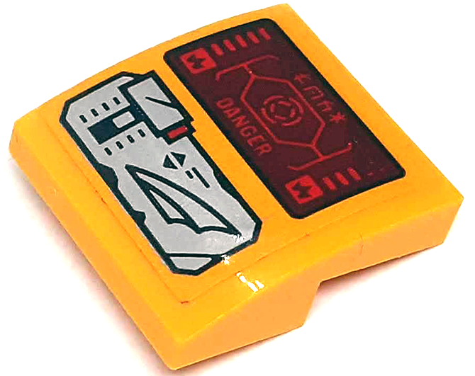 Slope, Curved 2 x 2 x 2/3 with Silver Control Panel and Lever, Dark Red Head-Up Display (HUD) with Red 'DANGER' and Ninjago Logogram 'LOCK' Pattern (Sticker) - Set 71748