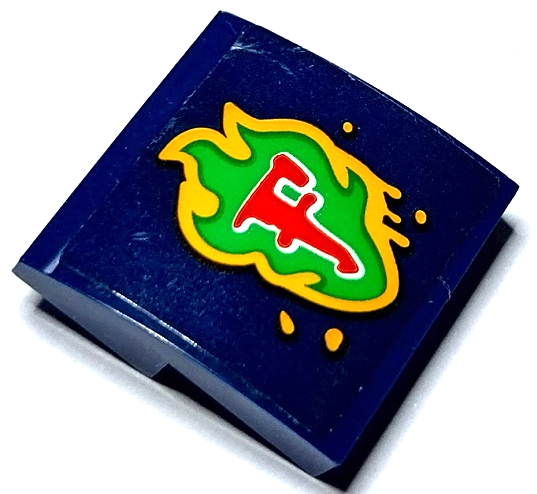 Slope, Curved 2 x 2 x 2/3 with Red and White Capital Letter F on Bright Green and Bright Light Orange Flames Pattern (Sticker) - Set 70429