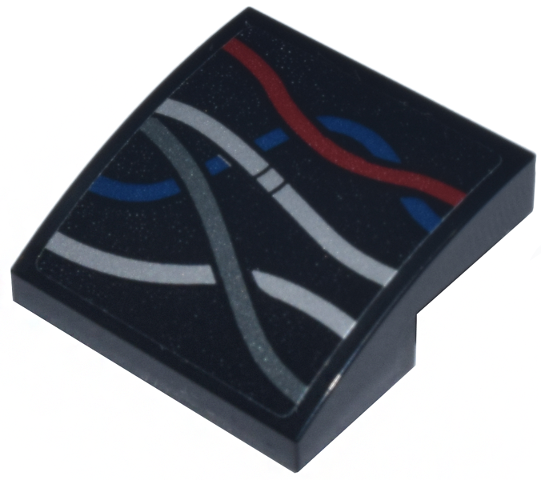 Slope, Curved 2 x 2 x 2/3 with Dark Red, Dark Blue, Silver, and Dark Silver Hip Wires Pattern Model Left Side (Sticker) - Set 75398