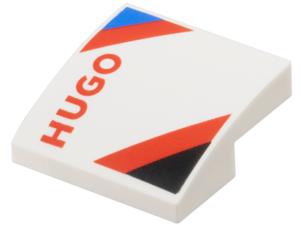 Slope, Curved 2 x 2 x 2/3 with Black and Blue Triangles, Red 'HUGO' and Diagonal Stripes Pattern Model Left Side