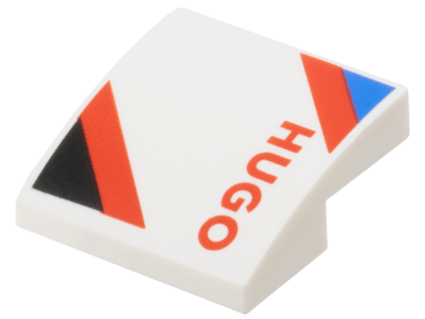 Slope, Curved 2 x 2 x 2/3 with Black and Blue Triangles, Red 'HUGO' and Diagonal Stripes Pattern Model Right Side