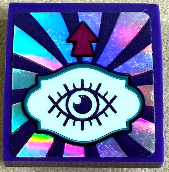 Slope, Curved 2 x 2 x 2/3 with Eye on White Sign, Magenta Arrow and Iridescent Mirrored Swirl Pattern (Sticker) - Set 41688