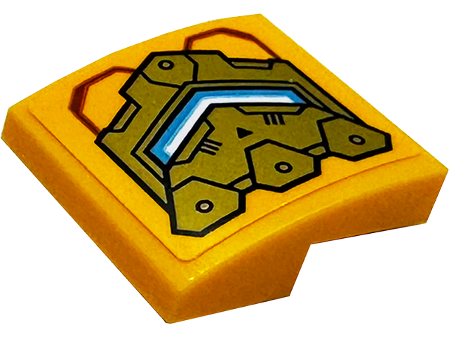 Slope, Curved 2 x 2 x 2/3 with Gold Armor Plates with White and Medium Azure Stripes Pattern Model Left Side (Sticker) - Set 71833