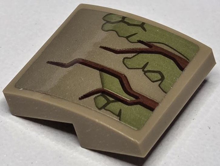 Slope, Curved 2 x 2 x 2/3 with Reddish Brown and Black Tree Bark Plates and Olive Green Moss Pattern (Sticker) - Set 76217