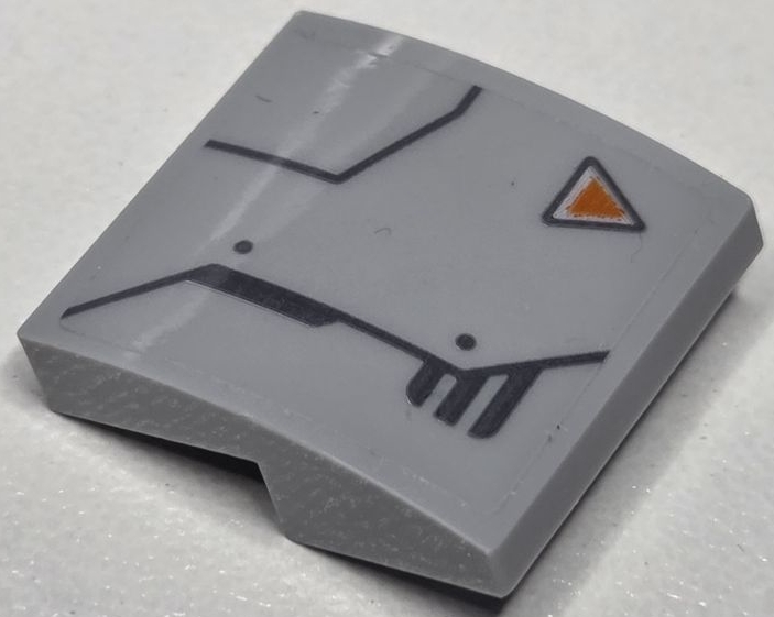 Slope, Curved 2 x 2 x 2/3 with Armor Plates with Dark Bluish Gray Outlines and Rivets and Orange Triangle Pattern Model Left Side (Sticker) - Set 76232