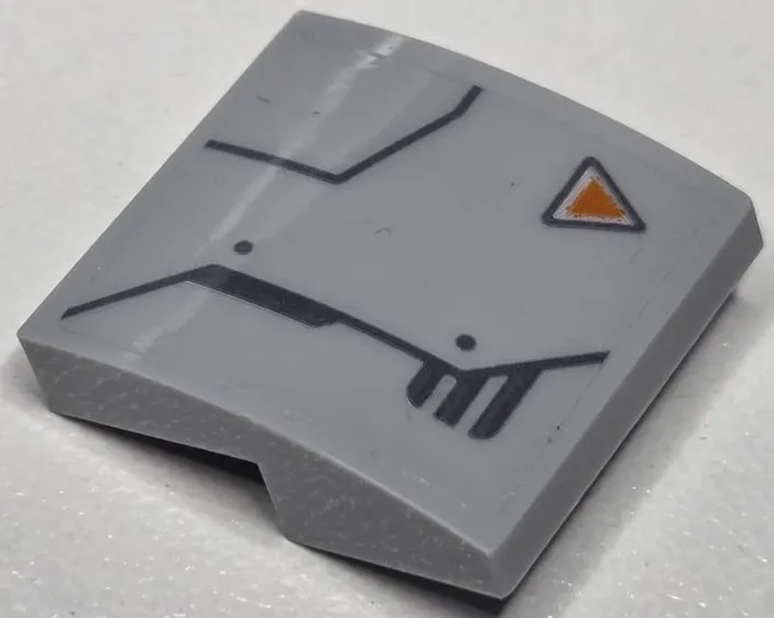 Slope, Curved 2 x 2 x 2/3 with Armor Plates with Dark Bluish Gray Outlines and Rivets and Orange Triangle Pattern Model Left Side (Sticker) - Set 76232