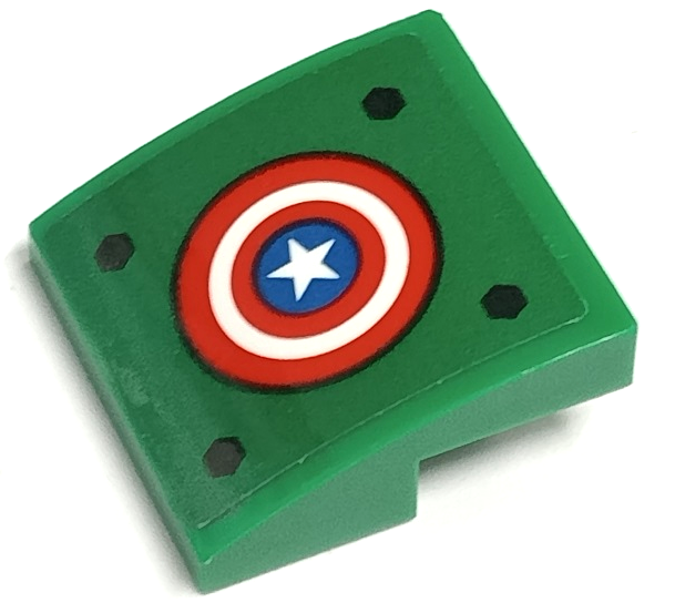 Slope, Curved 2 x 2 x 2/3 with Black Bolts, Red and White Concentric Rings and Star in Blue Circle Pattern (Captain America Shield) (Sticker) - Set 76201