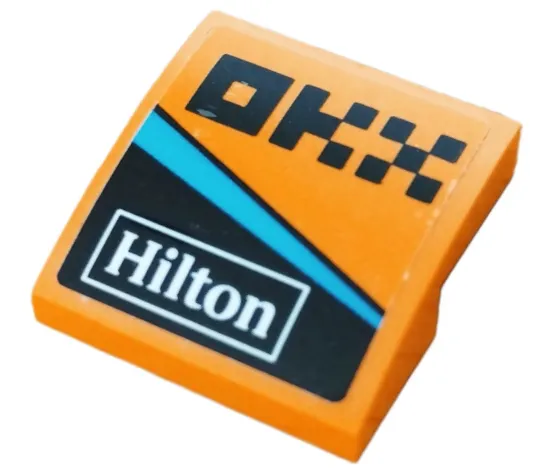 Slope, Curved 2 x 2 x 2/3 with Black Pixelated 'OKX', White 'Hilton' and Dark Azure Stripe Pattern Model Right Side (Sticker) - Set 76919