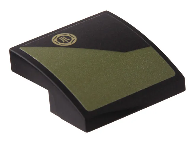 Slope, Curved 2 x 2 x 2/3 with Gold Fuel Filler Cap and Olive Green Geometric Pattern Model Left Side (Sticker) - Set 76923