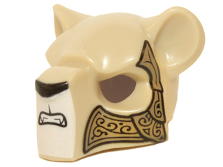 Minifigure, Headgear Mask Feline with Black Nose, Bared Teeth and Ornate Gold Armor Plates Pattern