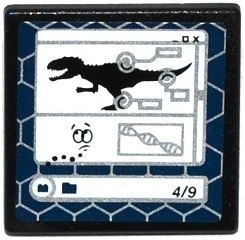 Road Sign 2 x 2 Square with Open O Clip with Indominus rex Silhouette, DNA Double Helix and '4/9' on Computer Screen Pattern (Sticker) - Set 75919