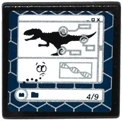 Road Sign 2 x 2 Square with Open O Clip with Indominus rex Silhouette, DNA Double Helix and '4/9' on Computer Screen Pattern (Sticker) - Set 75919