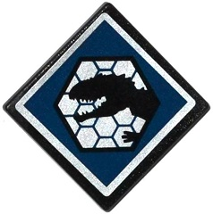 Road Sign 2 x 2 Square with Open O Clip with Indominus rex Head in Black Hexagon on Dark Blue Background Pattern (Sticker) - Set 75919