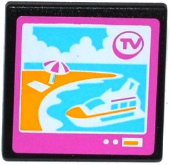 Road Sign 2 x 2 Square with Open O Clip with 'TV', Cruise Ship and Beach on Screen Pattern (Sticker) - Set 41100