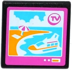 Road Sign 2 x 2 Square with Open O Clip with 'TV', Cruise Ship and Beach on Screen Pattern (Sticker) - Set 41100