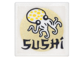 Road Sign 2 x 2 Square with Open O Clip with Octopus, Gold Circle and Black 'SUSHI' Pattern (Sticker) - Set 70620